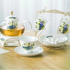 Vintage Floral Tea Set with/24k gilded gold/warmer, glass tea pot and porcelain